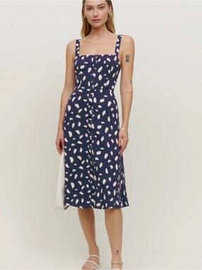 Reformation Navy and White Spot Square-Neck Midi Dress